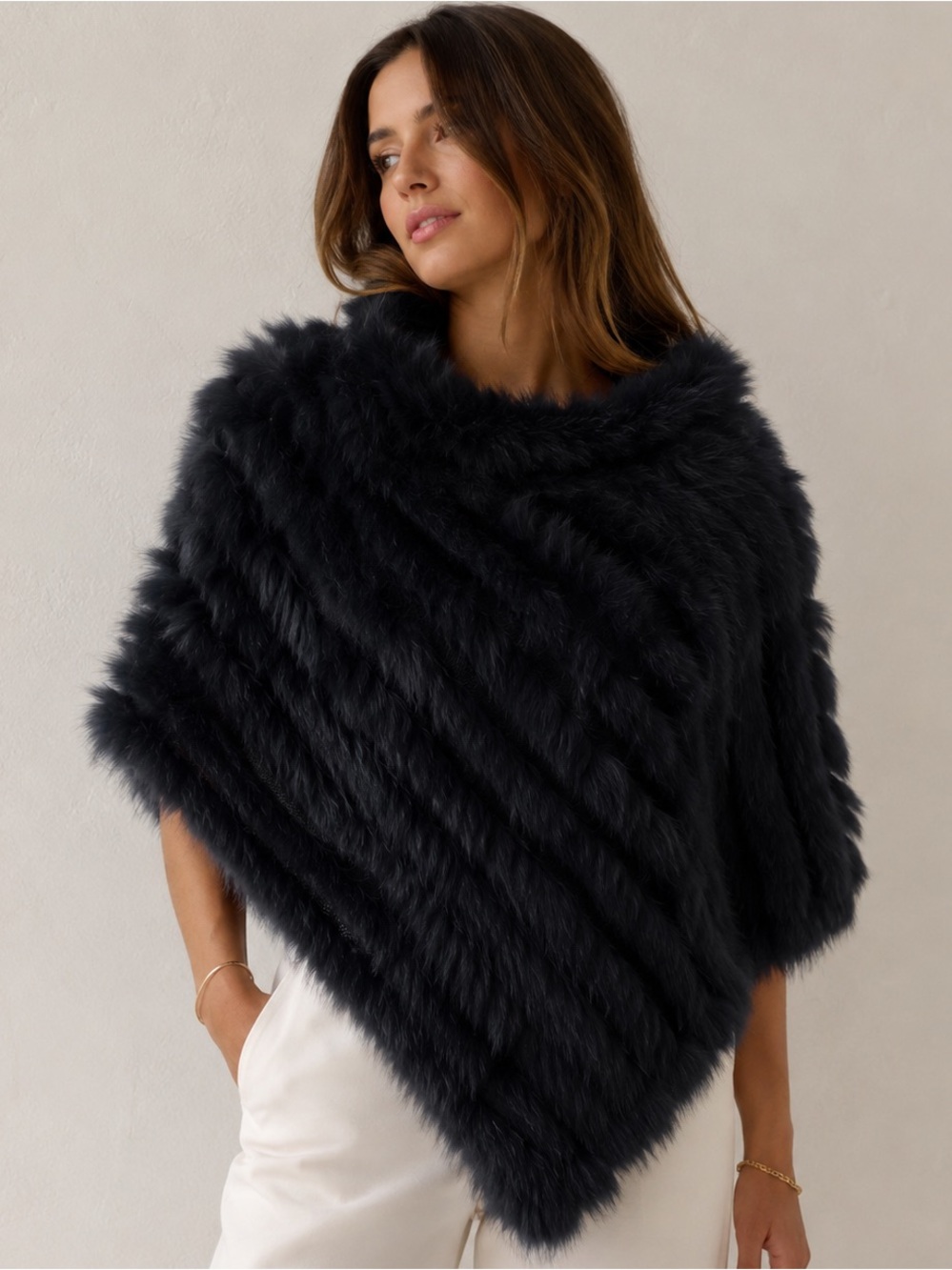 Adrienne Landau Black Real Rabbit Fur Poncho Shrug